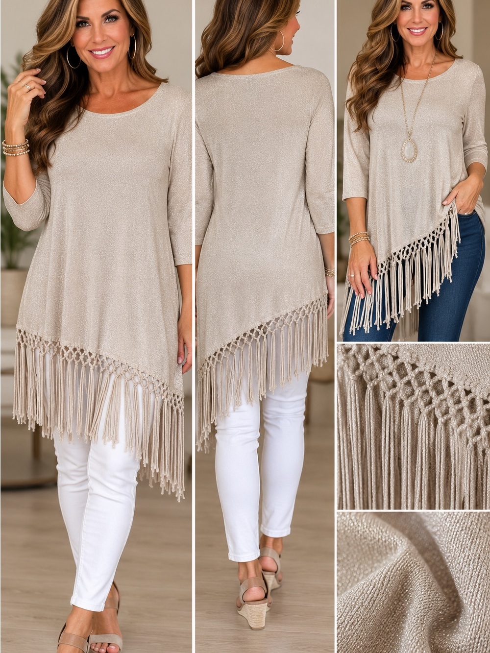 White House Black Market Metallic Shimmer Fringe Tunic S